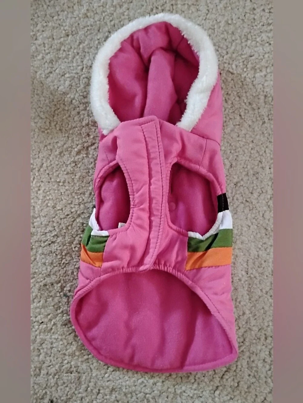 Brand New, Never Worn Pink Hooded Pet Jacket with Multicolor Stripe - Size XS